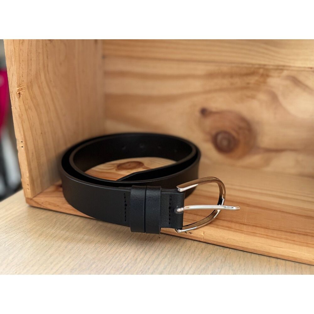 Nordstrom Black 100% Leather Double Loop Silver Tone Buckle Trouser Belt Size S